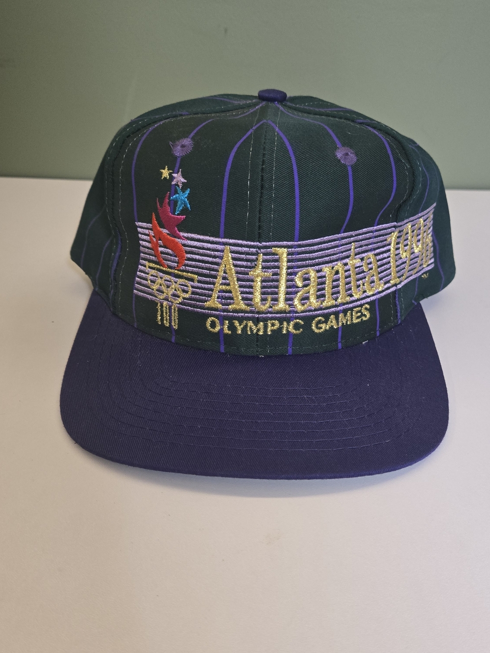 Vintage 1996 Atlanta Olympics Pinstripe Hat The Game 90s Snapback Cap- Good Cond